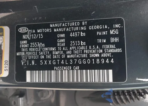 2016 Kia Optima Lx из США, поврежденный, VIN 5XXGT4L37GG018944